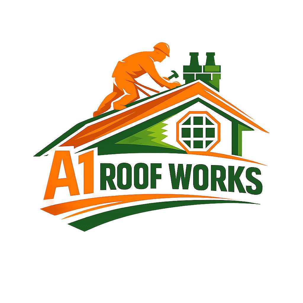 A1 Roof Works logo featuring an orange worker on a green house roof with chimney